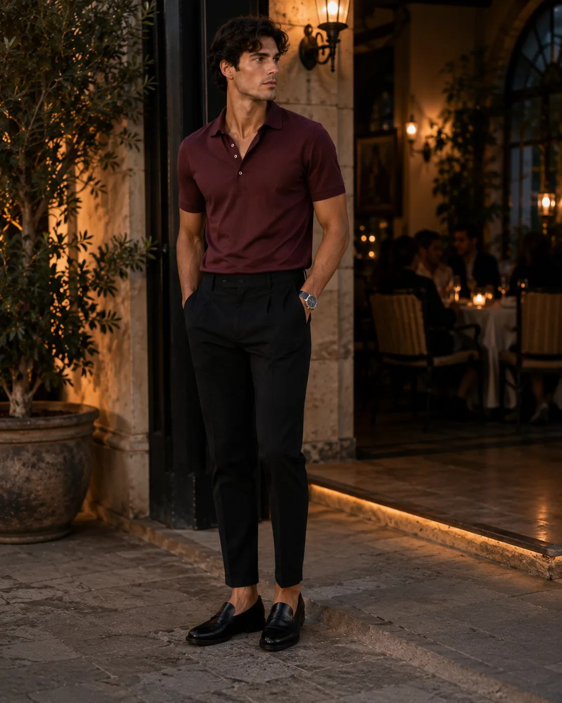 burgundy polo and black trousers and black loafers for evening-occasion outfit