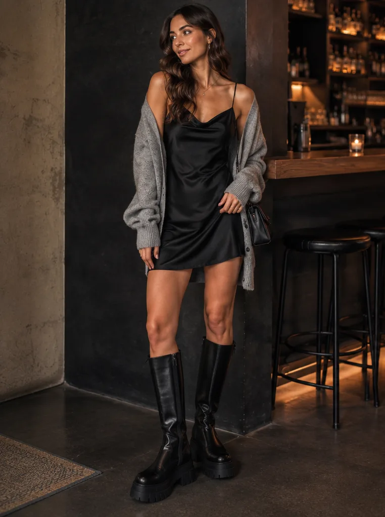slip dress and cardigan and platform boots for casual-parties outfit