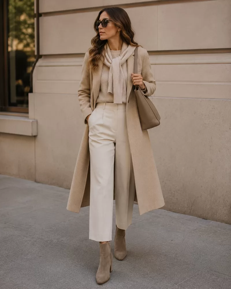 Monochrome Neutral Outfit With Taupe Ankle Boots for everyday casual outfit