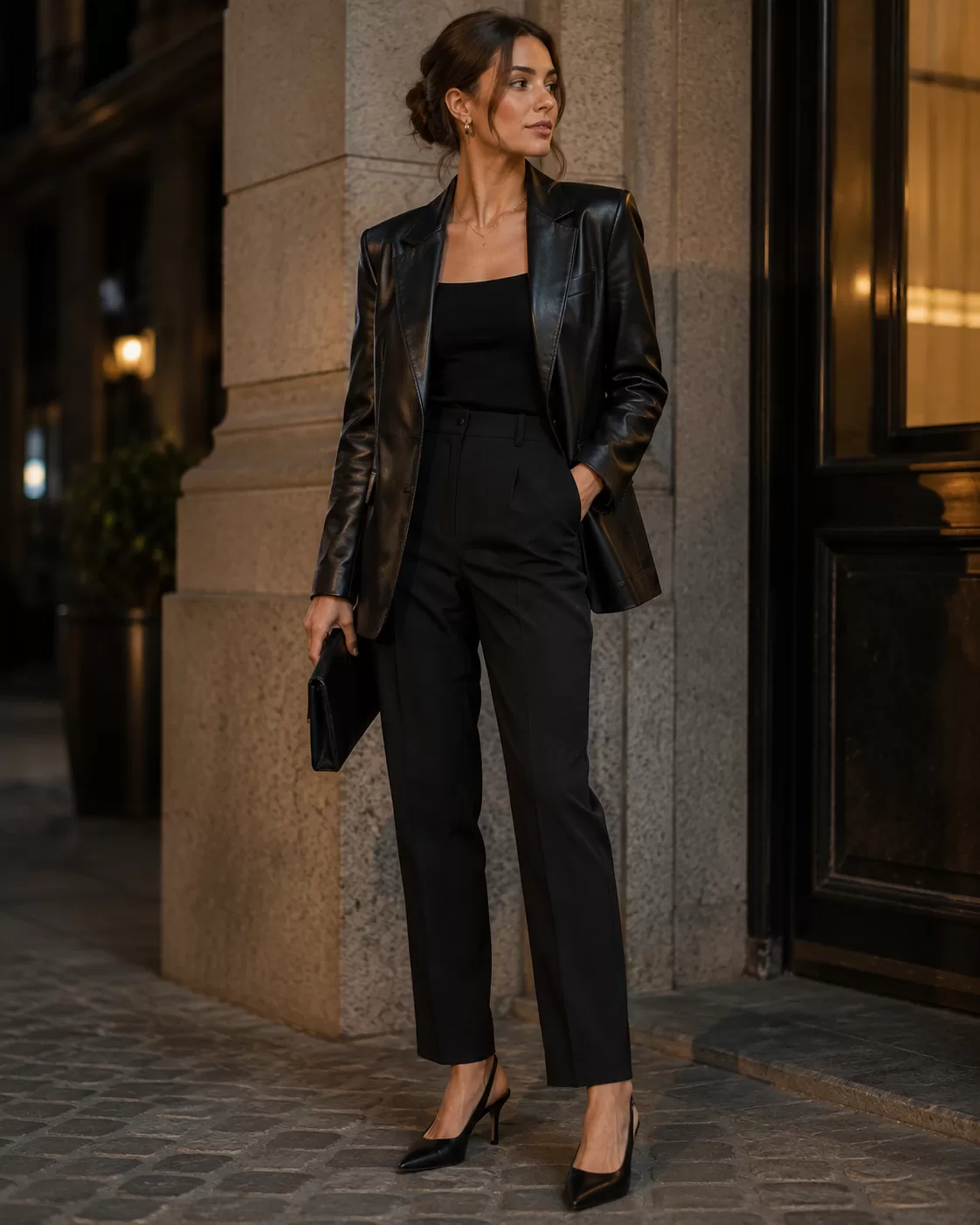 Leather Blazer + Fitted Top + Black Trousers + Slingback Heels