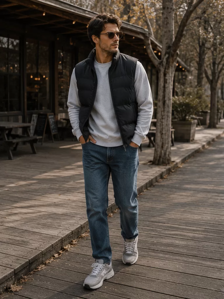 Puffer Vest With Sweatshirt With Jeans With Hiking-Inspired Sneakers for relaxed weekend outfit