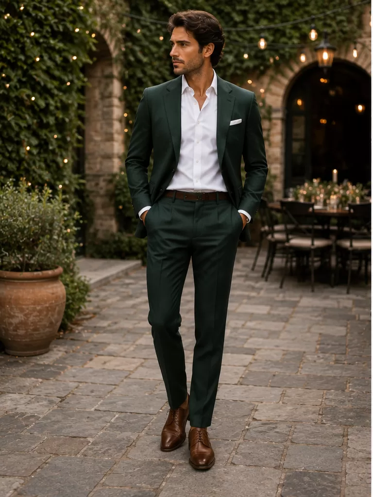 Dark Green Suit With White Shirt With Brown Oxfords for fall wedding outfit