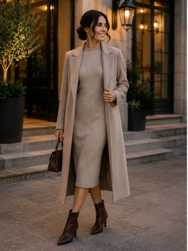 Knit dress with long coat and ankle boots for winter event outfit