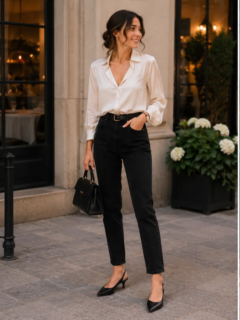 Blouse with black jeans and slingback heels with structured bag for birthday dinner outfit