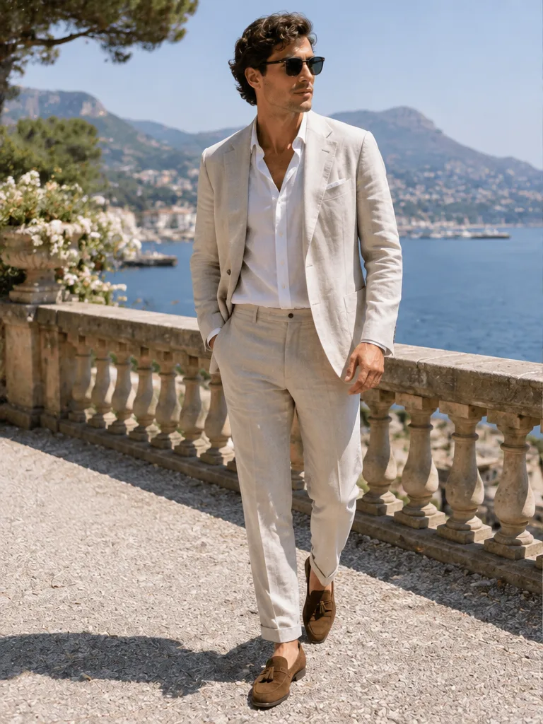 linen suit with open-collar shirt and loafers for formal summer event outfit