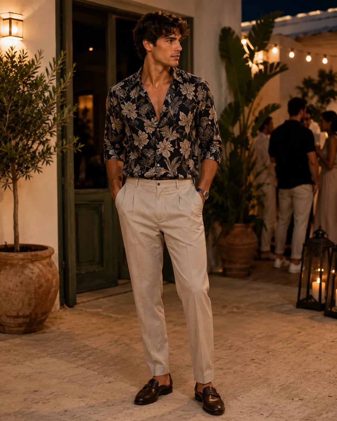 patterned shirt with neutral trousers and loafers for birthday party outfit