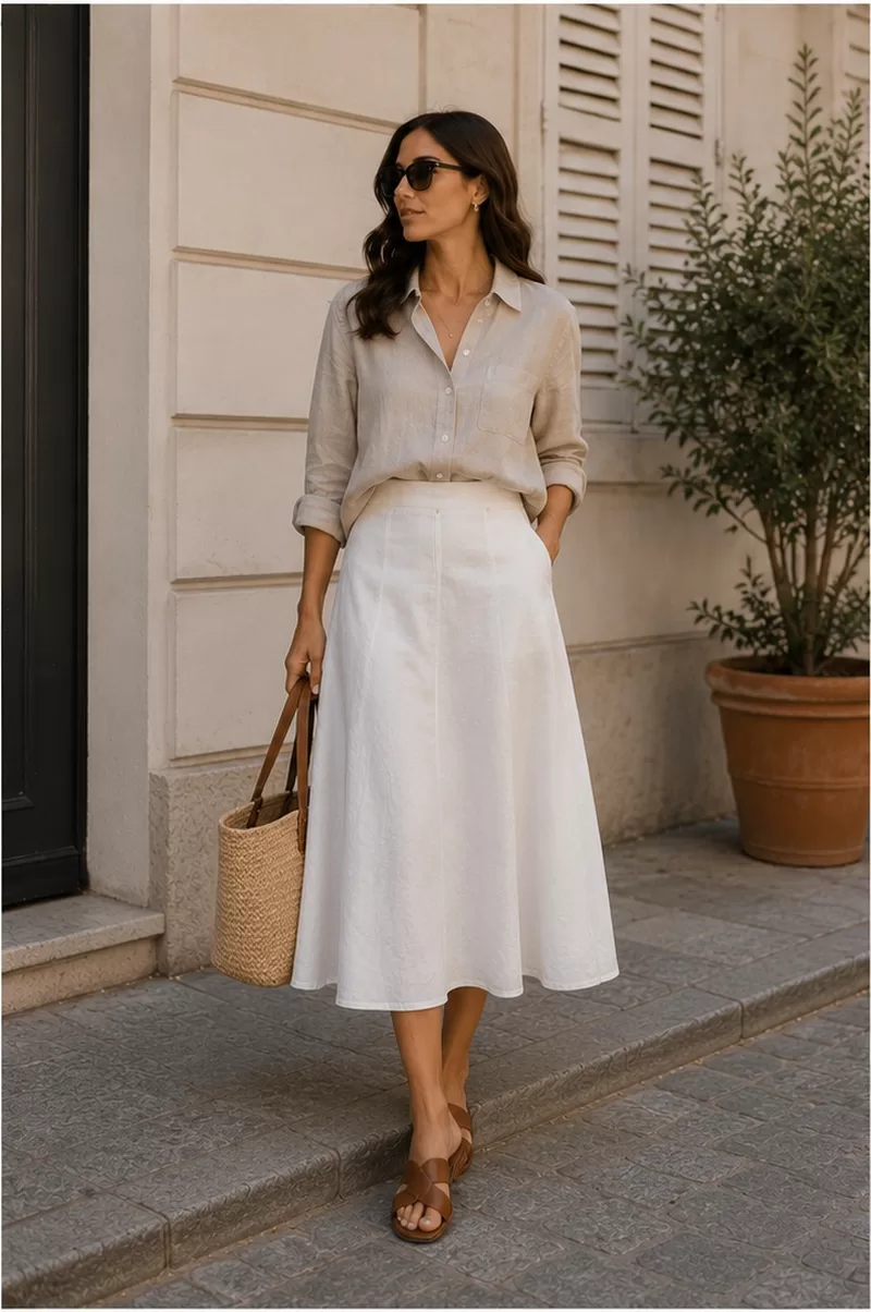 White midi skirt with linen shirt and sandals for vacation lunch outfit