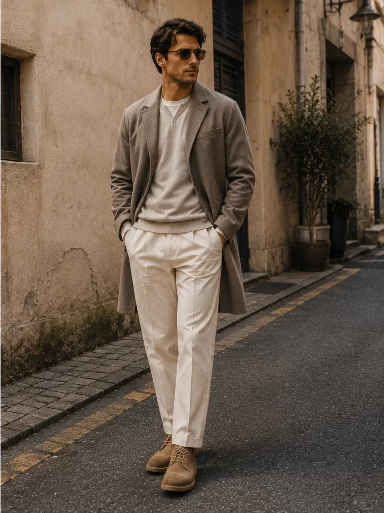 Monochrome Neutral Layers With Suede Boots for evening event outfit