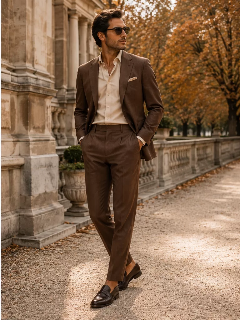 Brown Suit With Cream Shirt With Dark Brown Loafers for winter dinner outfit
