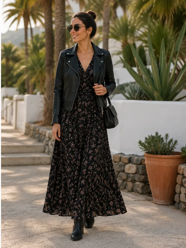 Maxi dress with leather jacket and low boots for weekend dinner outfit