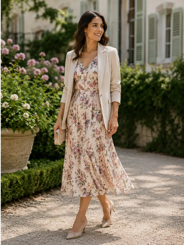 Floral midi dress with low heels and light blazer for garden wedding outfit