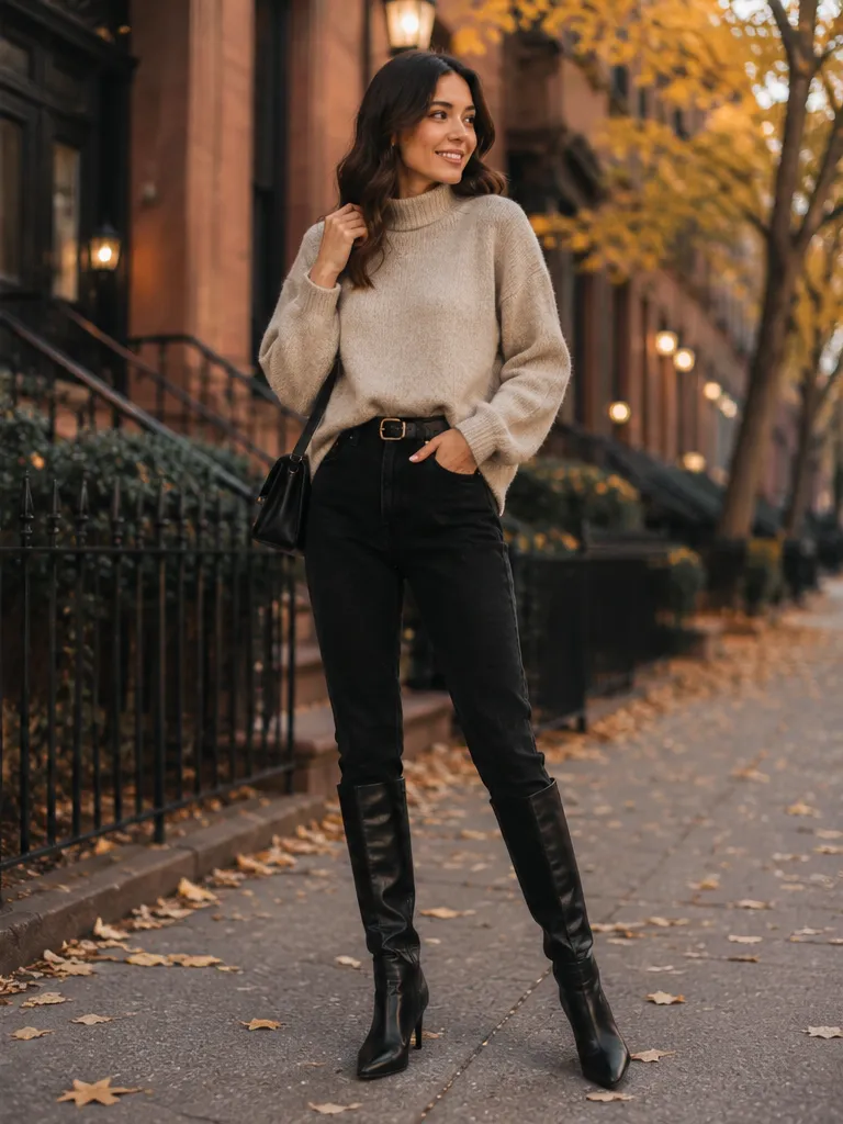 Sweater with black jeans and knee-high boots for cold weather outfit