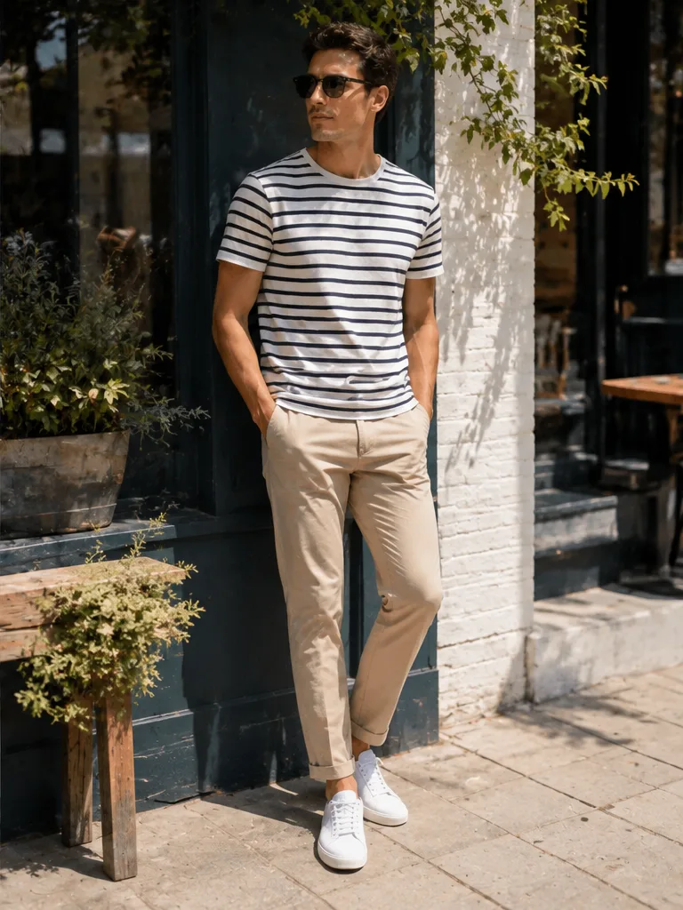 breton stripe t-shirt with chinos and canvas sneakers for coastal trip outfit