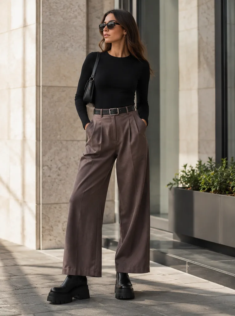 wide-leg trousers and fitted top and platform boots for smart-casual-dinners outfit