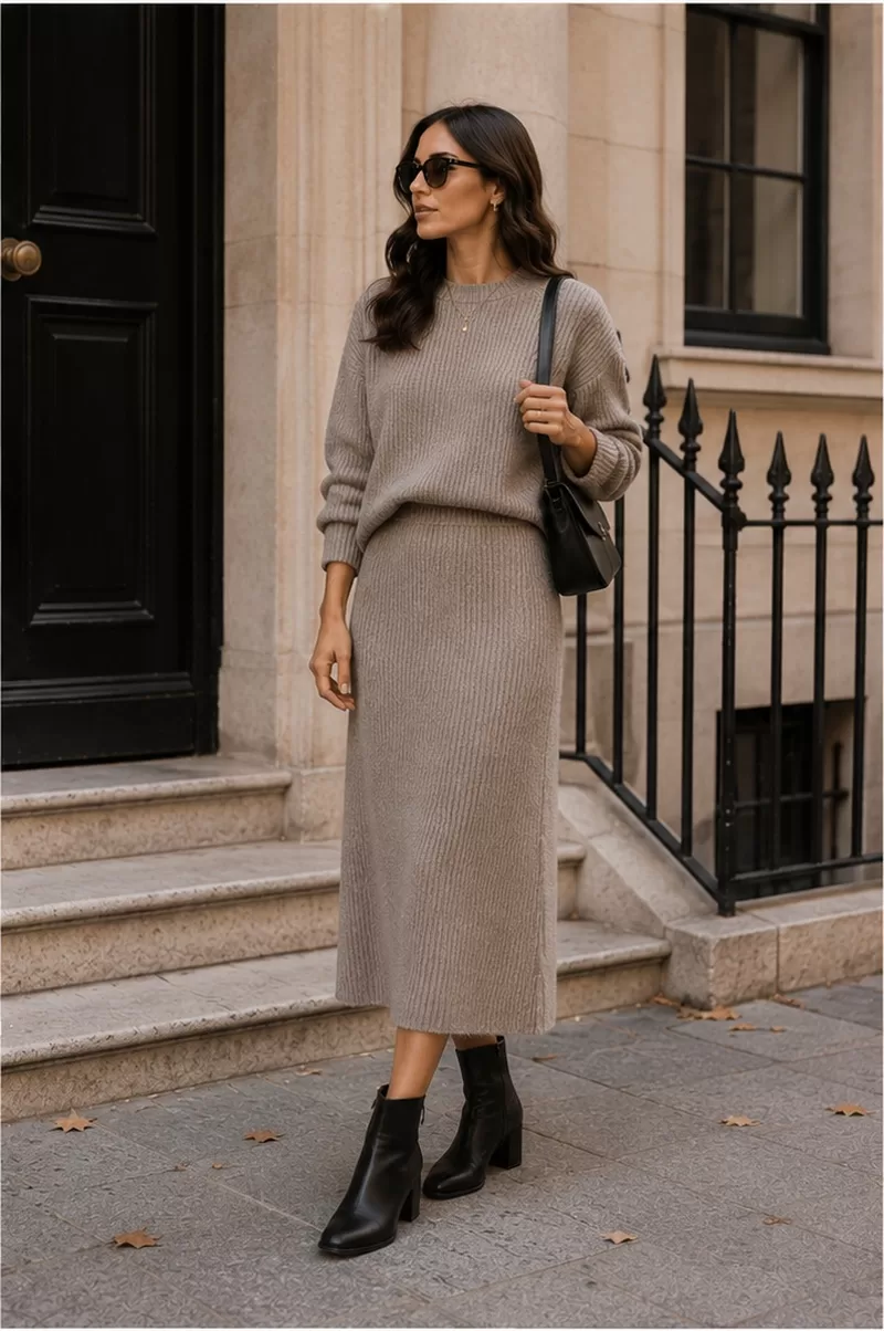 Knit midi skirt with matching sweater and ankle boots for winter casual workday outfit
