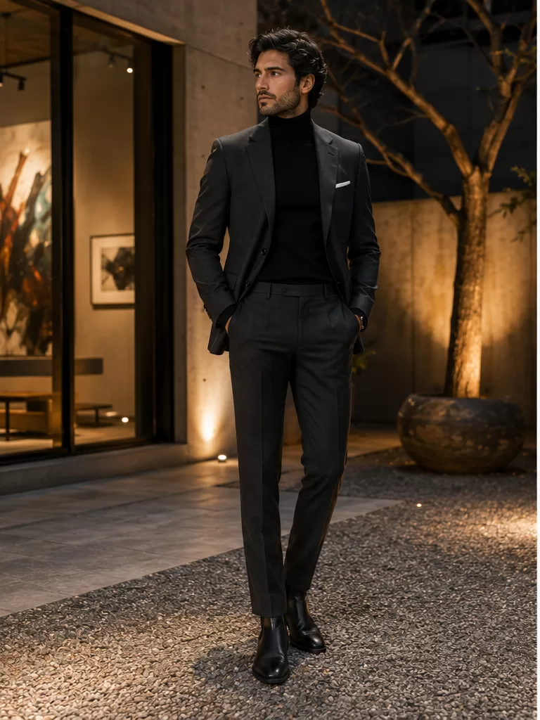 Turtleneck With Tailored Suit With Chelsea Boots for summer gala outfit