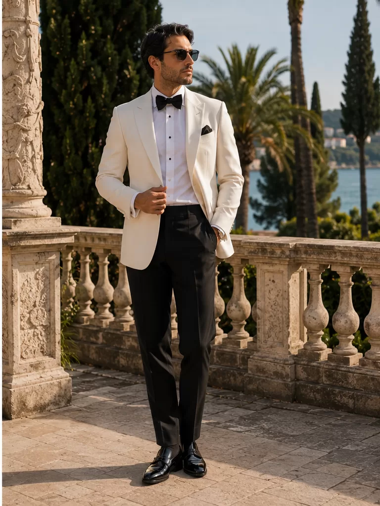 White Dinner Jacket With Black Trousers With Bow Tie for cocktail reception outfit