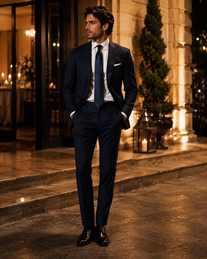 Midnight Blue Suit With White Shirt With Silk Tie With Black Oxfords for resort formal outfit