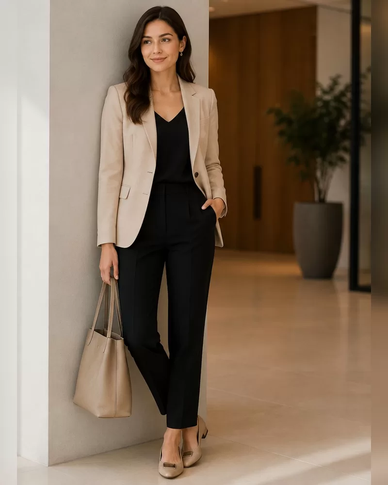 Beige blazer with black top and tailored trousers with flats for business casual interview