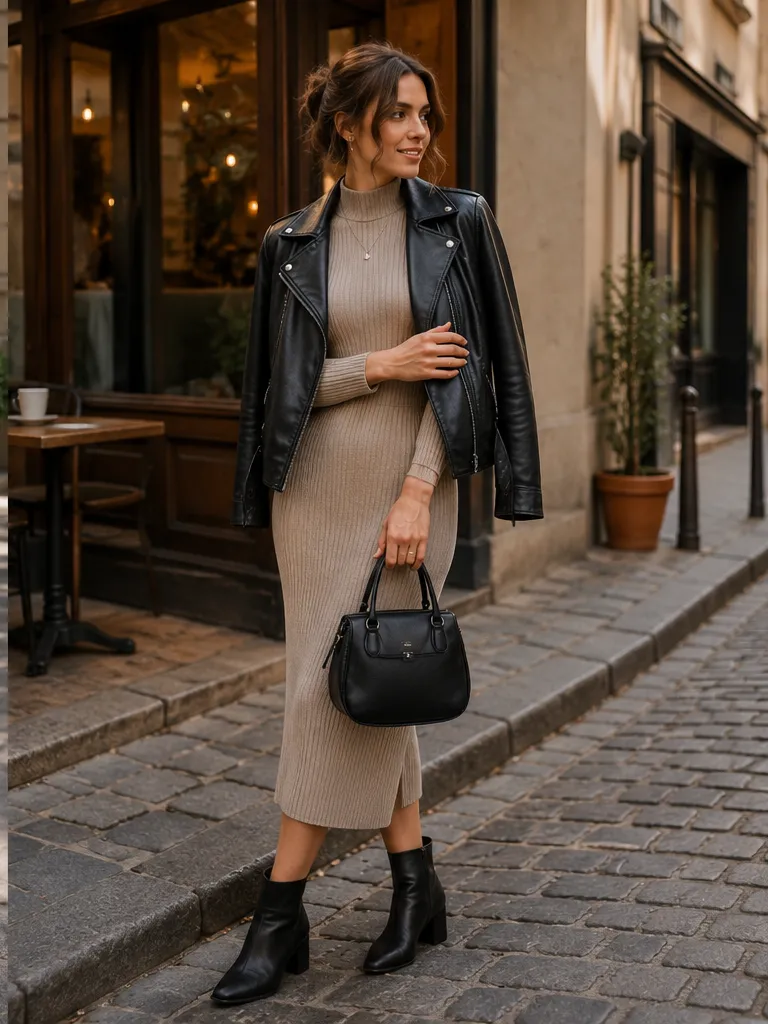 Knit dress with leather jacket and ankle boots for date night outfit