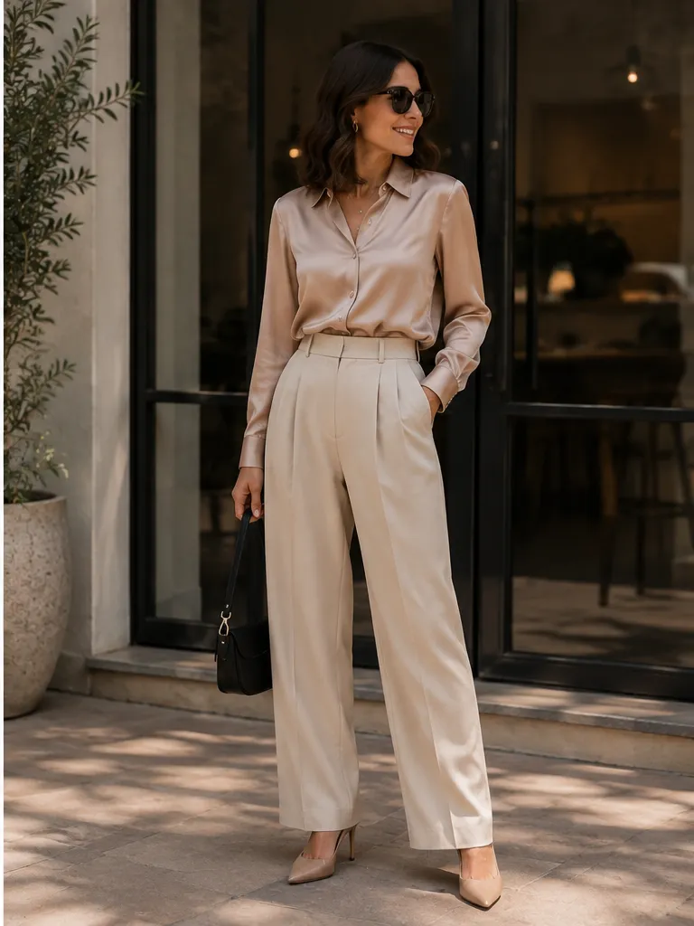 Satin blouse with tailored trousers and pointed-toe heels for work event outfit