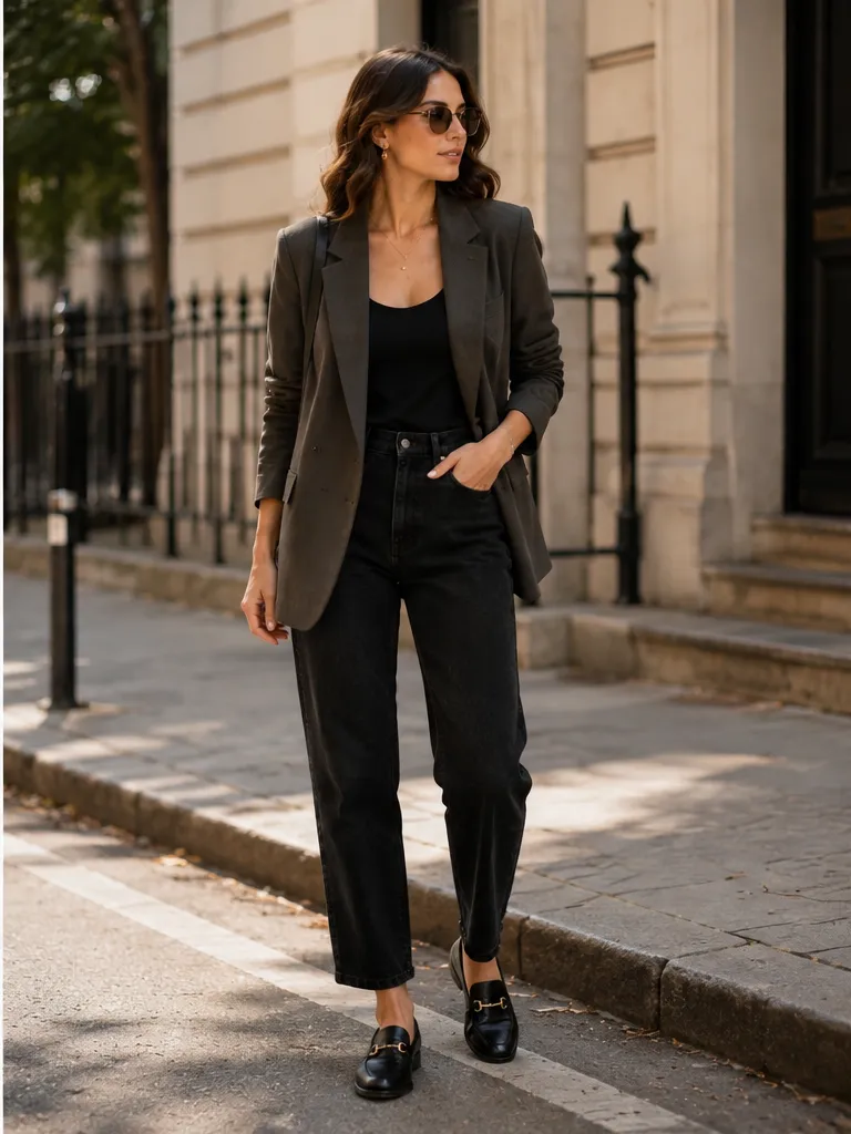 Oversized blazer with tank top and black jeans with loafers for smart casual work outfit