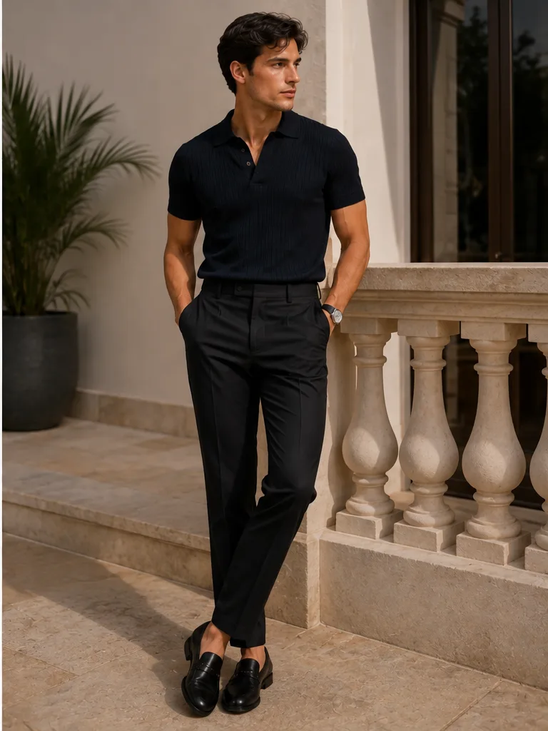 knit polo with tailored trousers and loafers for dinner party outfit