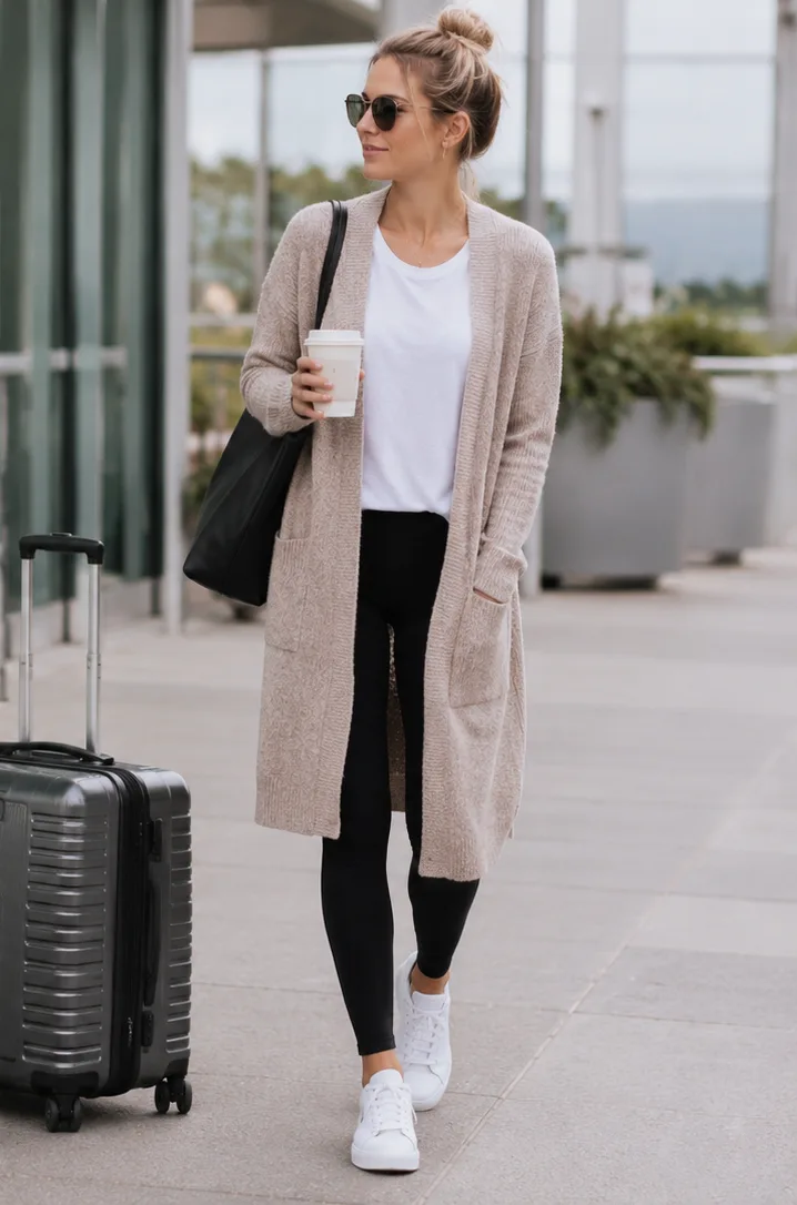 long cardigan and t-shirt and leggings and sneakers for errands outfit