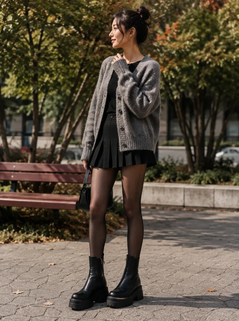 mini skirt and tights and platform boots for date-nights outfit