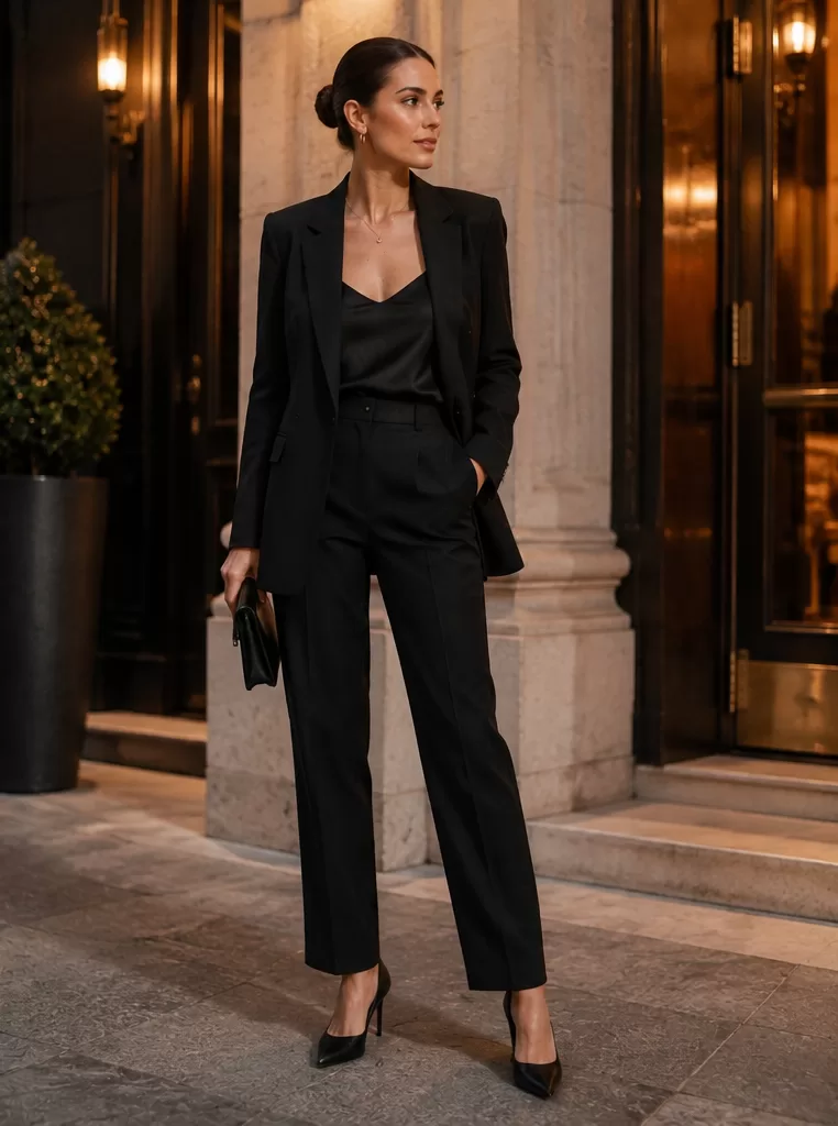 Black Blazer + Camisole + Tailored Trousers + Heels