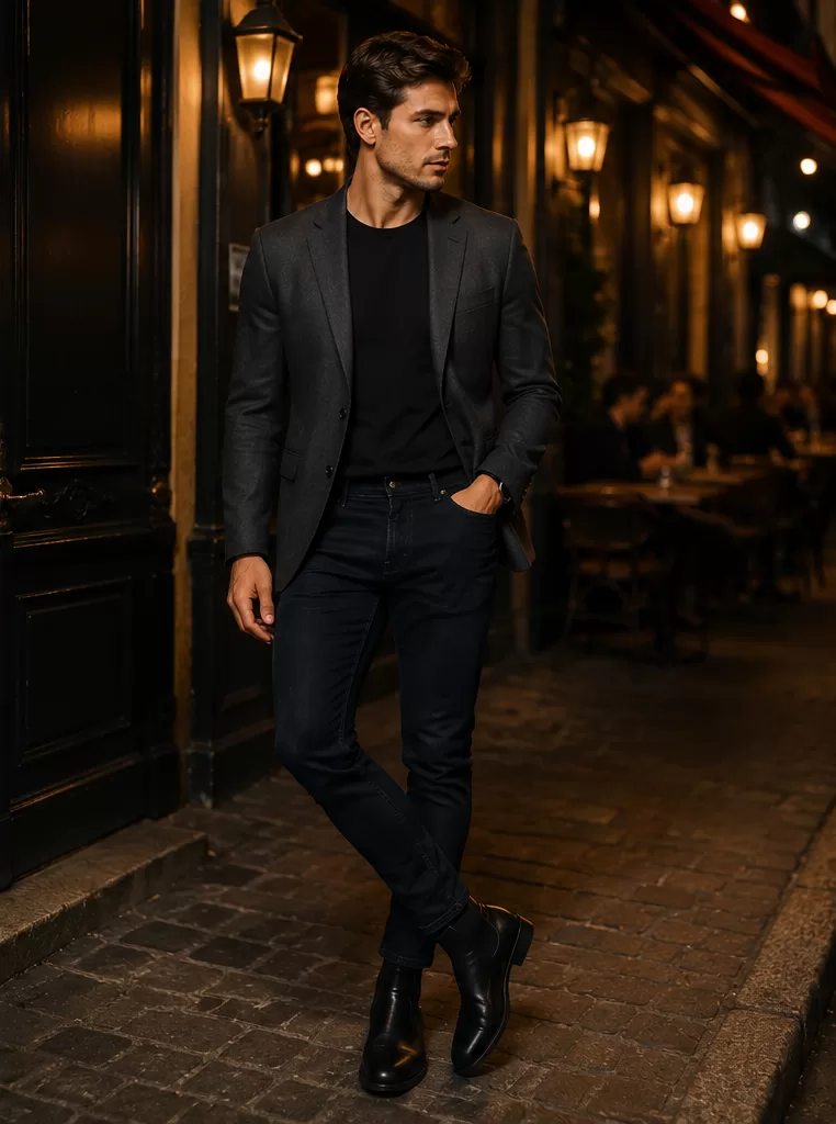 Charcoal Blazer + Black T-Shirt + Dark Jeans + Chelsea Boots
