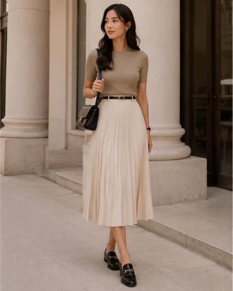 Pleated midi skirt with fitted knit top and loafers for smart casual office outfit