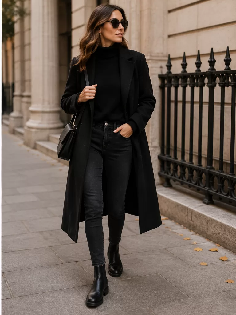 Skinny Jeans With Long Coat With Chelsea Boots for smart casual outfit
