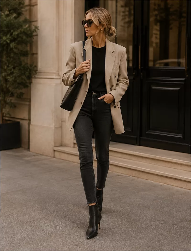 Skinny Jeans With Oversized Blazer With Heeled Ankle Boots for smart casual outfit