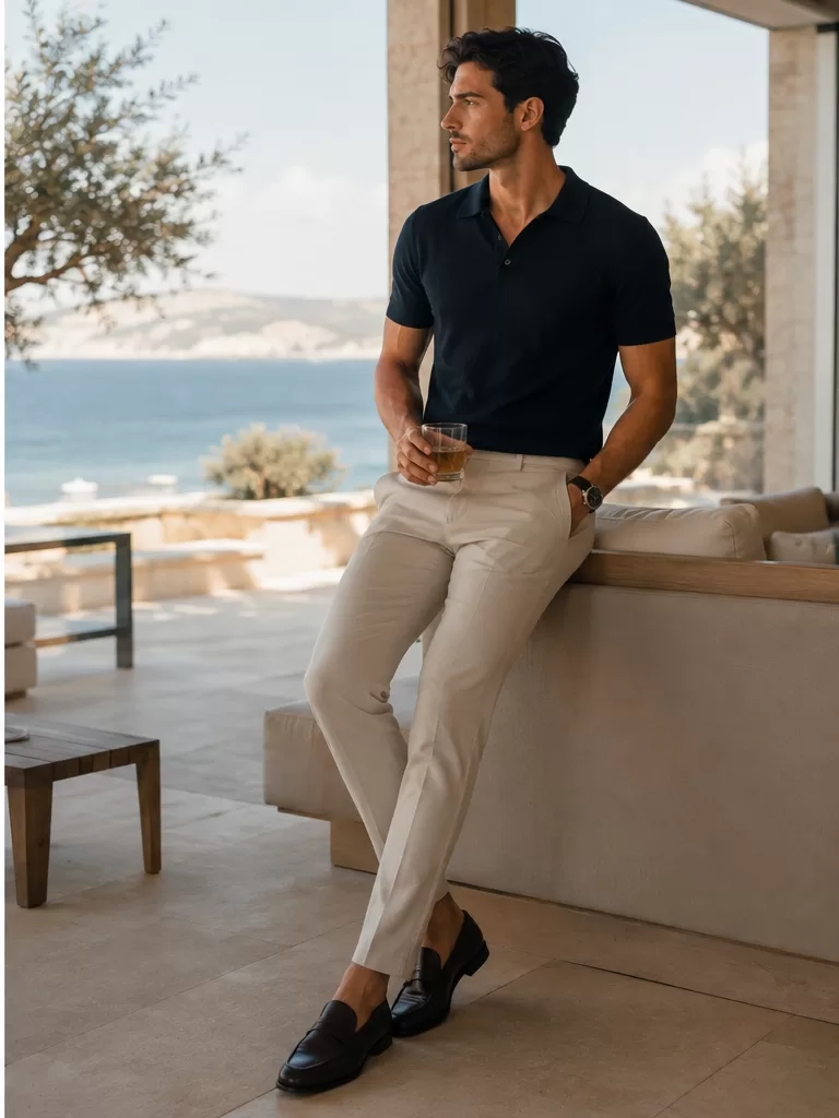 Polo Shirt With Slim Trousers With Loafers for smart casual outfit