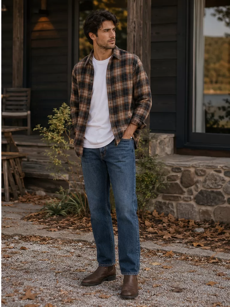 Flannel Shirt With White T-Shirt With Straight-Leg Jeans With Boots for layered autumn outfit