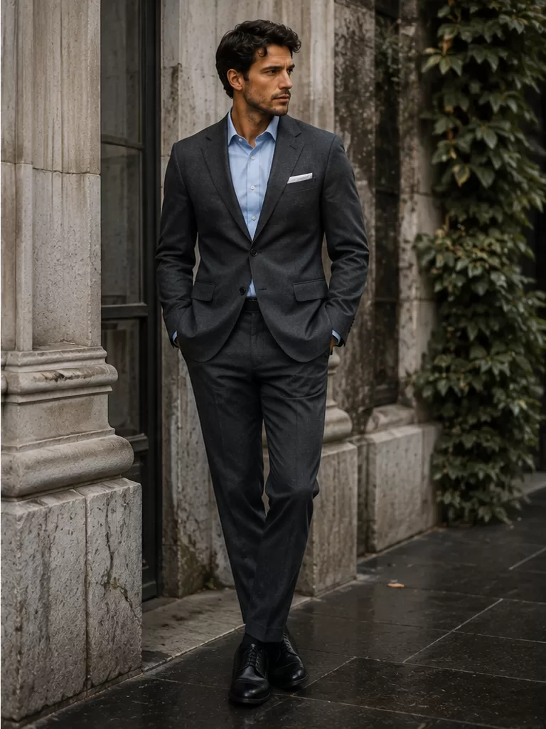 Charcoal Suit With Pale Blue Shirt With Black Derby Shoes for business formal outfit