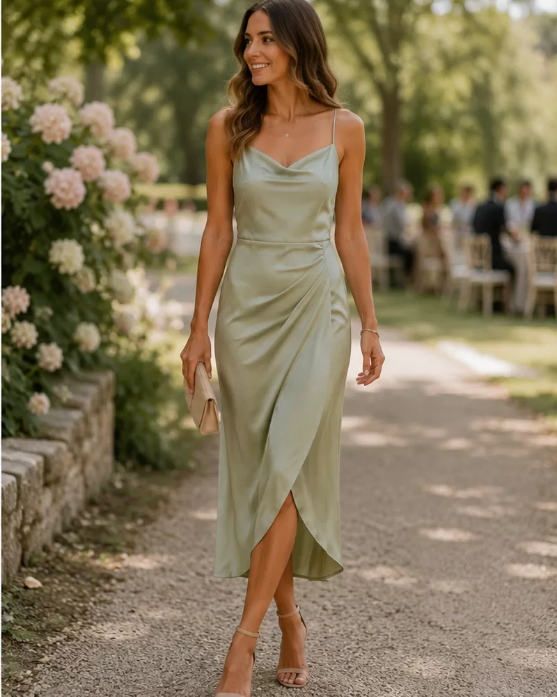 Sage satin slip midi dress with nude heels for outdoor wedding reception