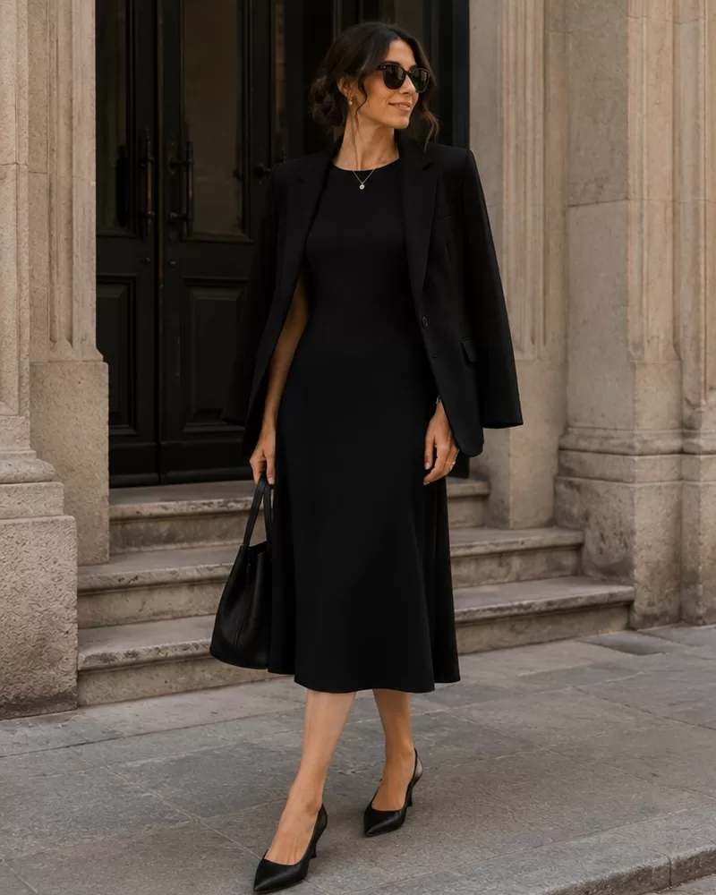 Black midi dress with blazer and low heels for corporate formal interview