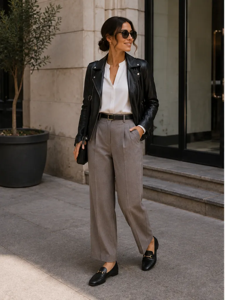 Blouse with tailored trousers and leather jacket with loafers for work outfit