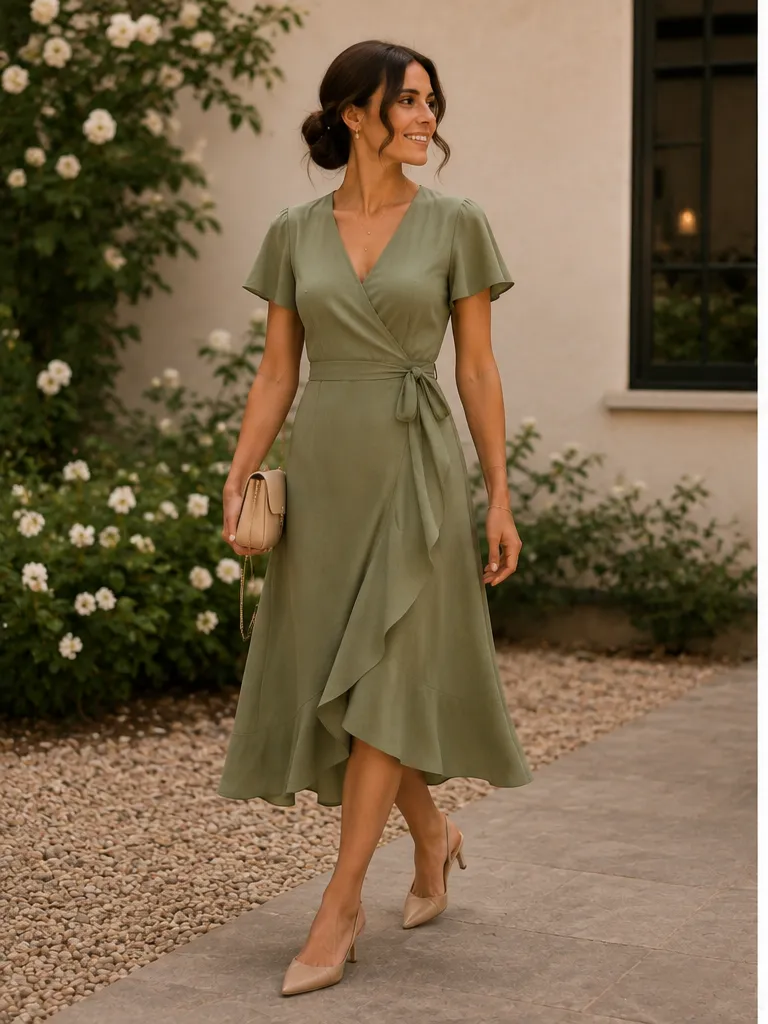 Wrap dress with slingback heels and minimal jewelry for cocktail party outfit