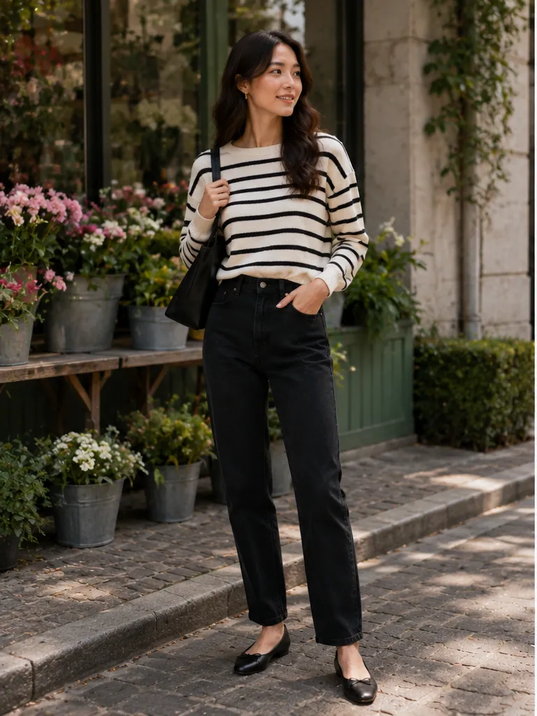 Striped knit with black jeans and ballet flats for weekend brunch outfit