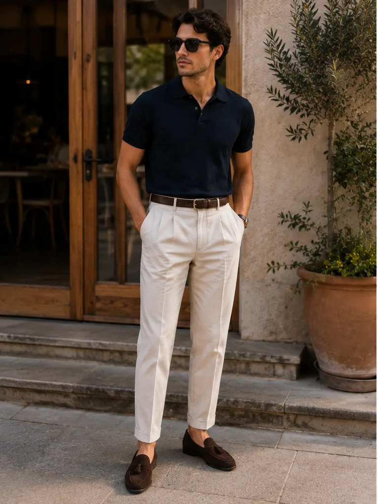 polo shirt with lightweight trousers and loafers for smart casual summer outfit
