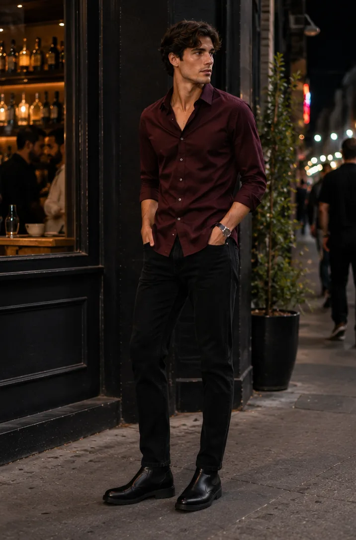 button-down shirt with black jeans and chelsea boots for bar night party outfit