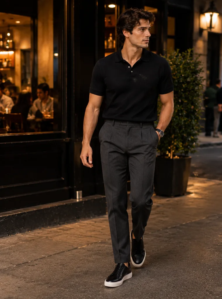 black polo and charcoal trousers and leather sneakers for evening outfit