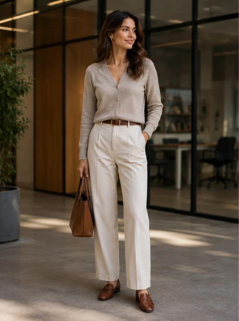 fine-knit cardigan and tailored trousers and loafers for office outfit