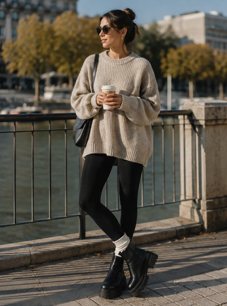 oversized sweater and leggings and platform boots for travel-days outfit
