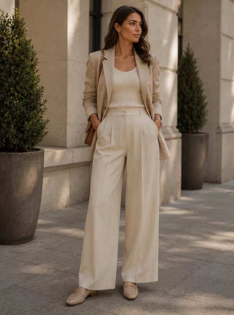 Beige Blazer + Knit Top + Wide-Leg Trousers + Loafers