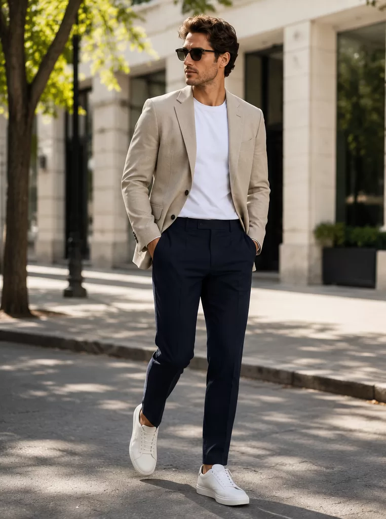 Beige Blazer + White T-Shirt + Navy Trousers + White Sneakers