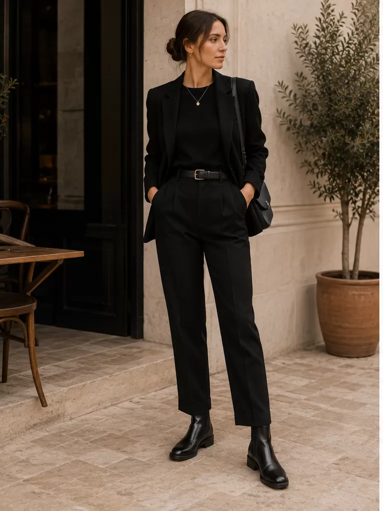Black Trousers With Blazer With Leather Chelsea Boots for business casual outfit
